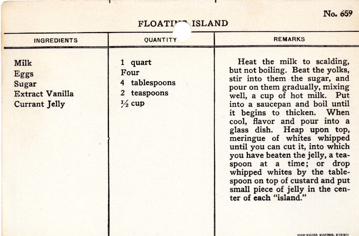 Original recipe card for Floating Island