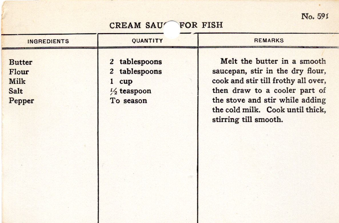 Original recipe card for Cream Sauce for Fish