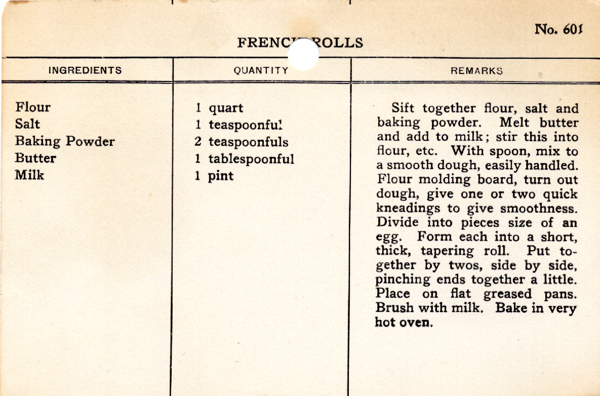 Original recipe card for French Rolls