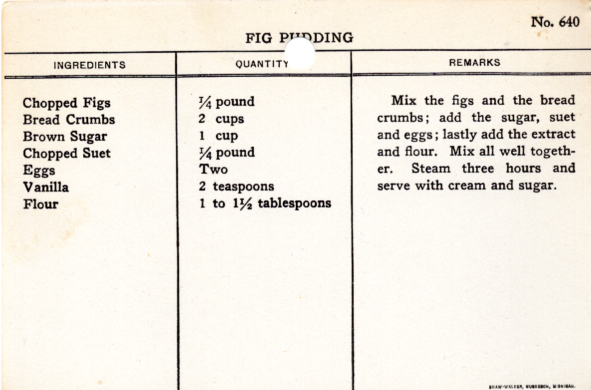 Original recipe card for Fig Pudding