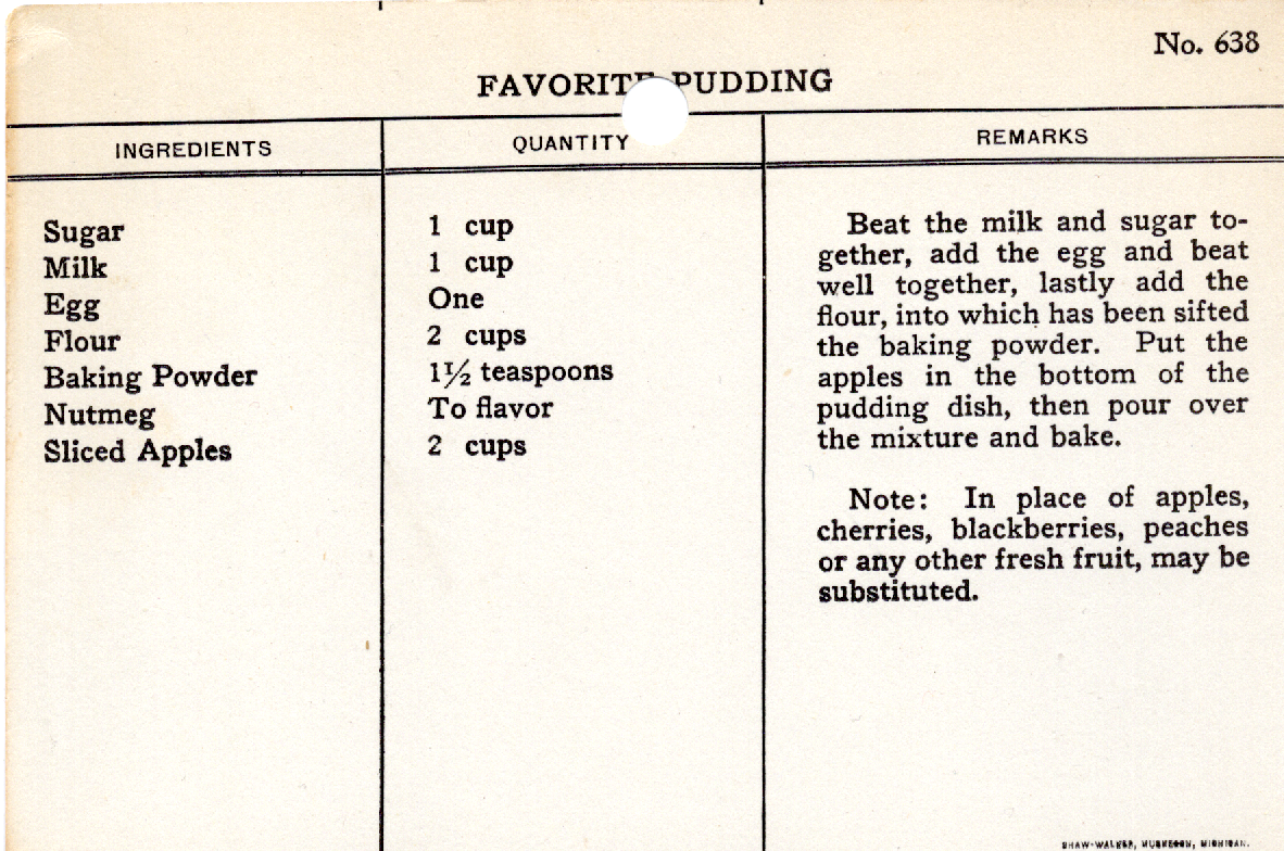 Original recipe card for Favorite Pudding