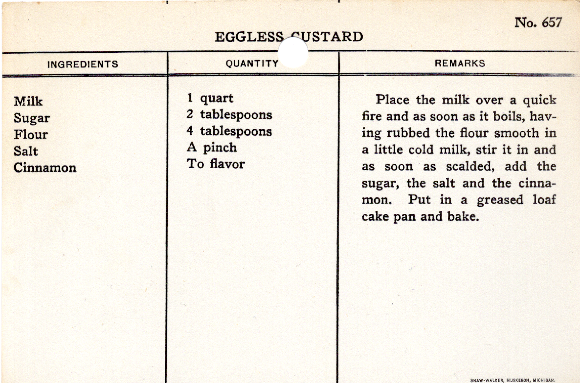 Original recipe card for Eggless Custard