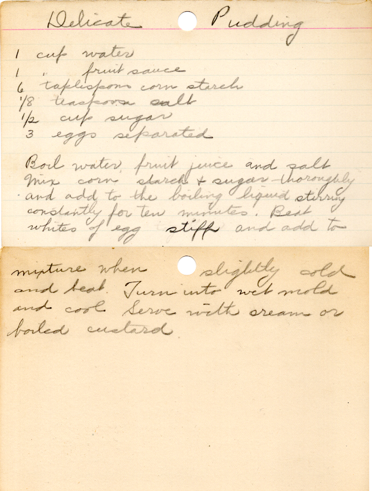 Original recipe card for Delicate Pudding