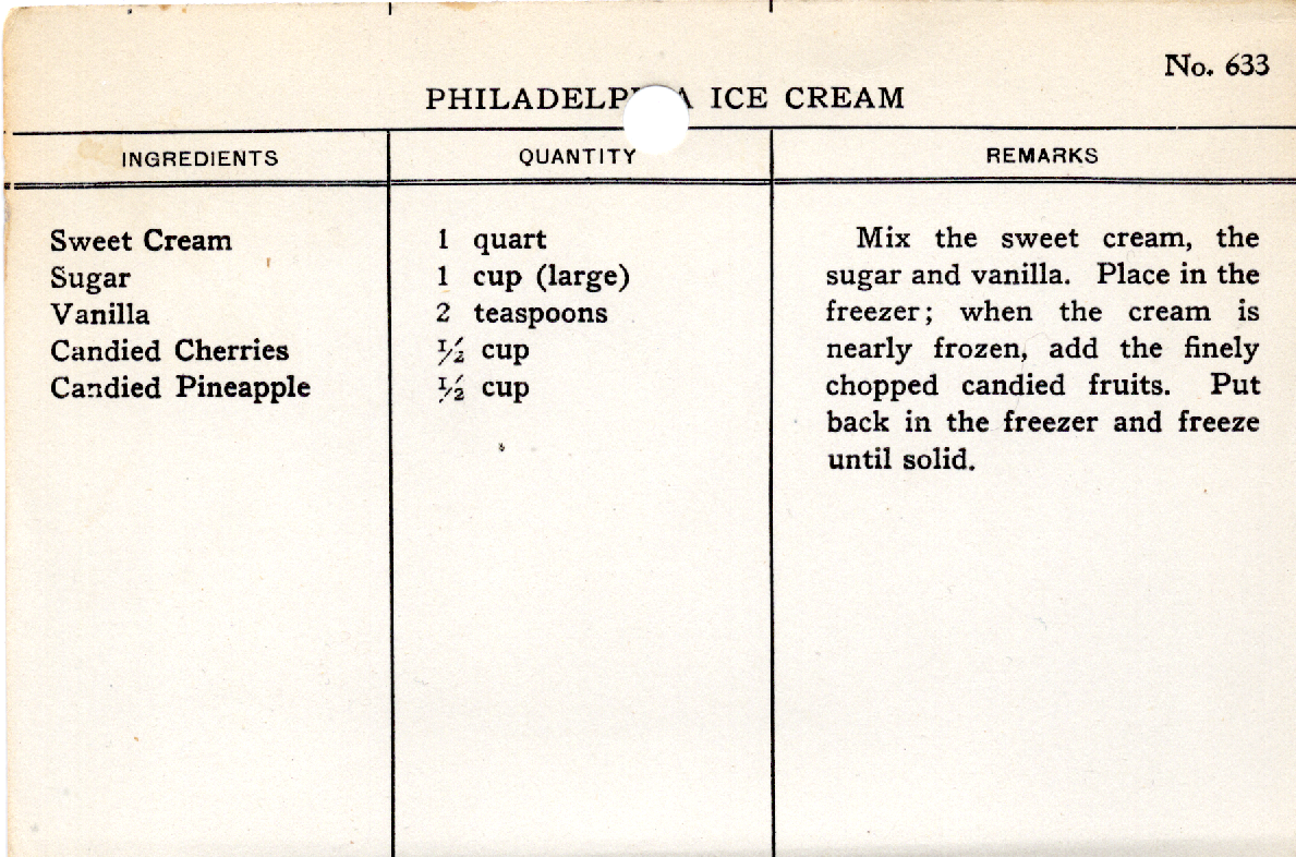 Original recipe card for Philadelphia Ice Cream