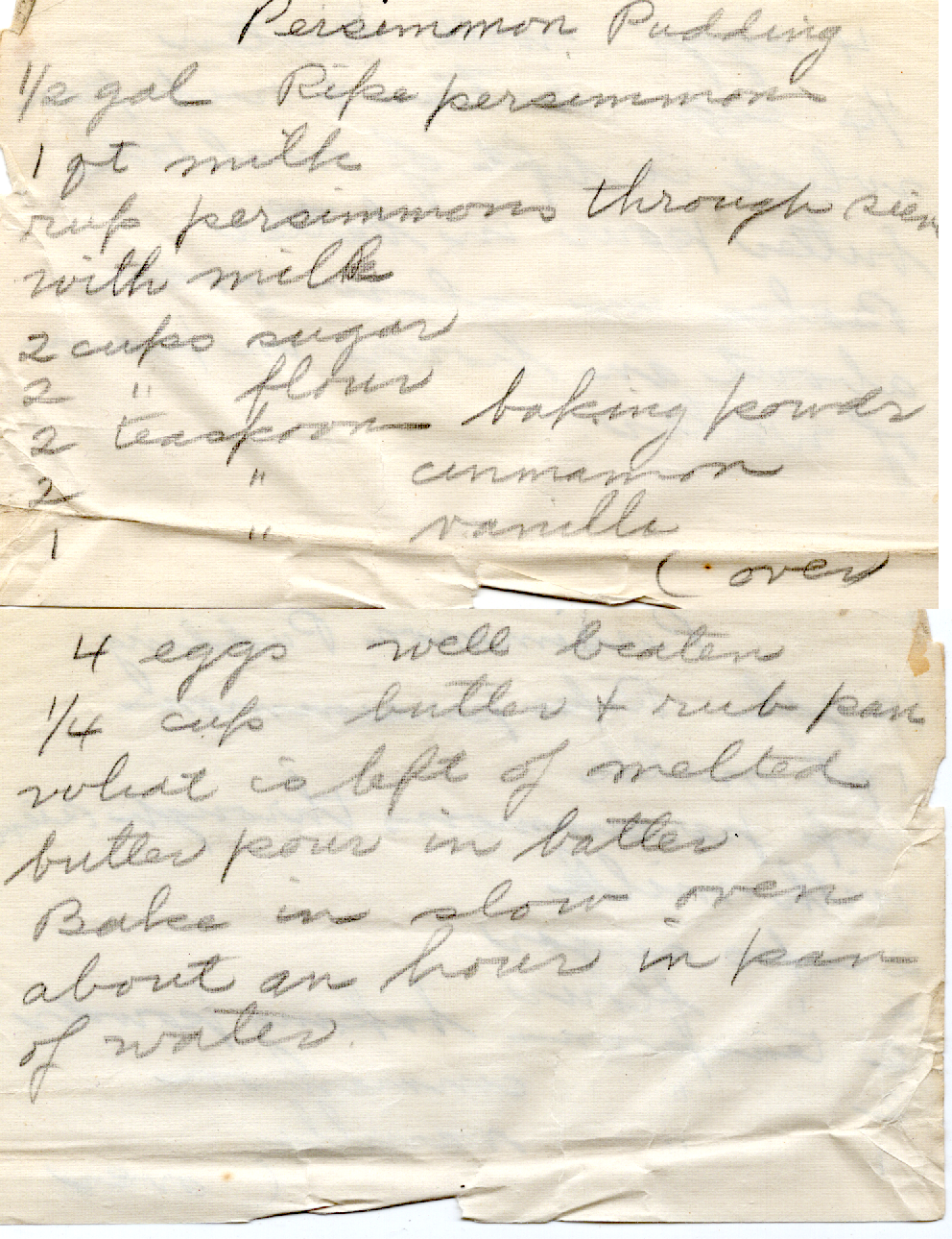 Original recipe card for Persimmon Pudding