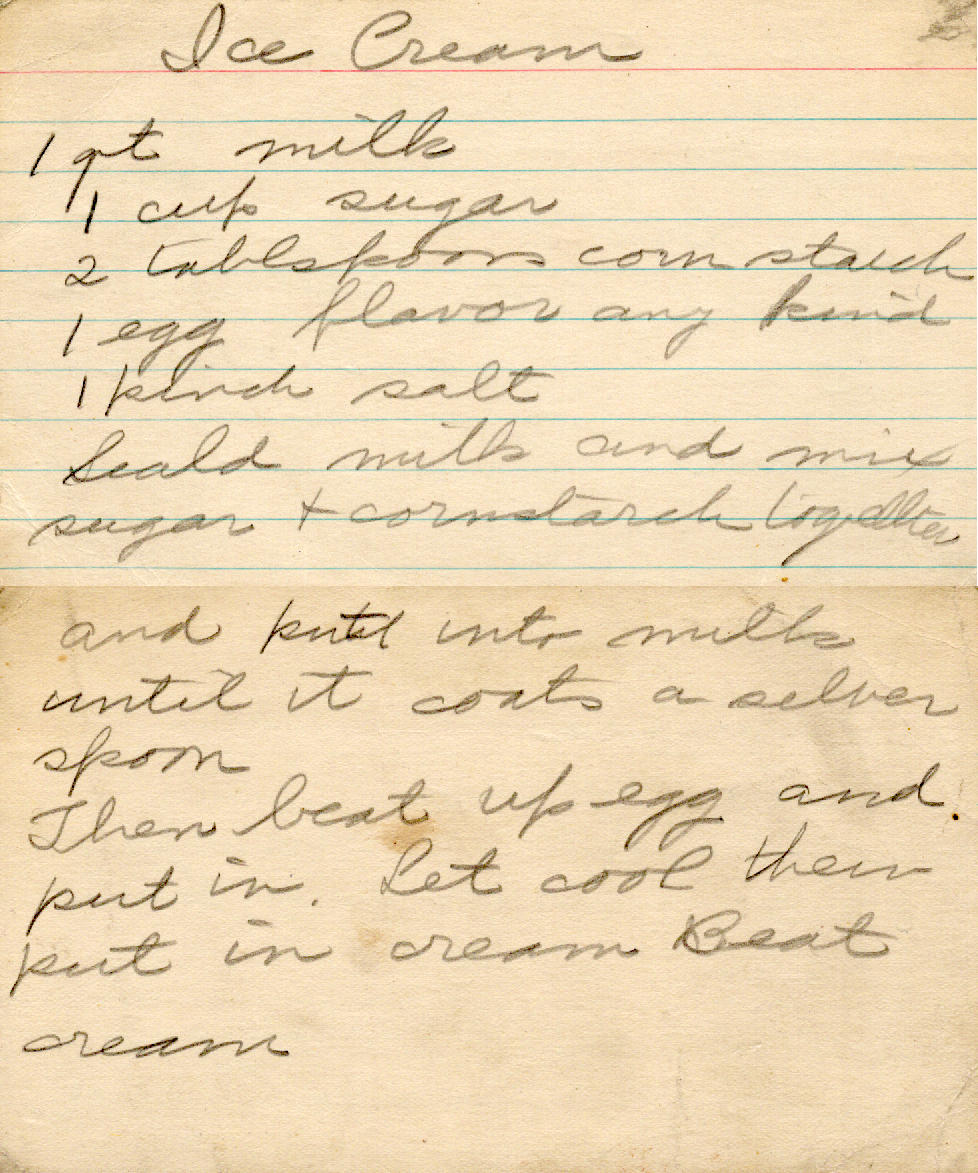Original recipe card for Ice Cream