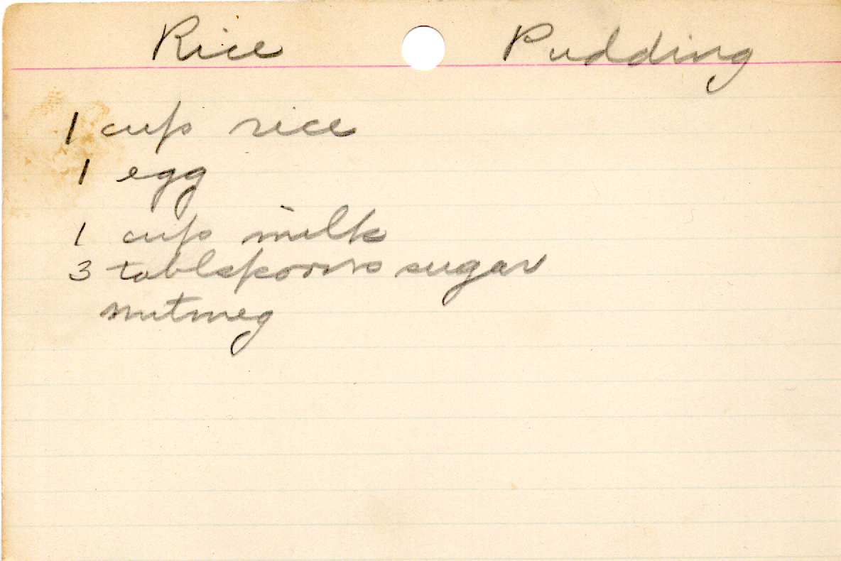 Original recipe card for Rice Pudding