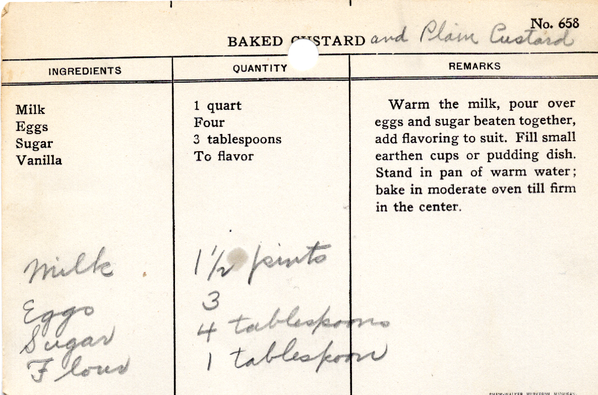Original recipe card for Baked Custard and Plain Custard
