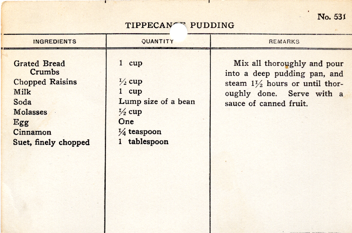 Original recipe card for Tippecanoe Pudding