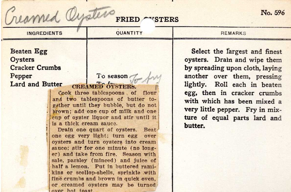 Original recipe card for Fried Oysters