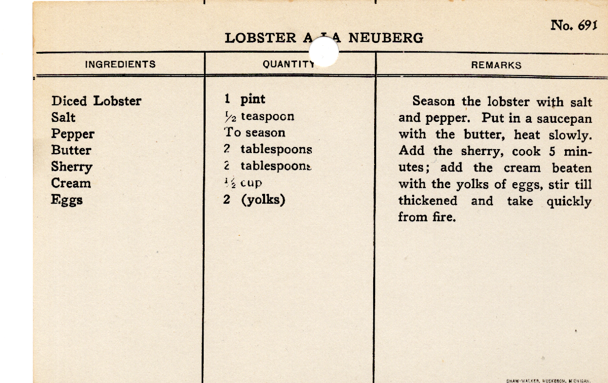Original recipe card for Lobster a la Neuberg