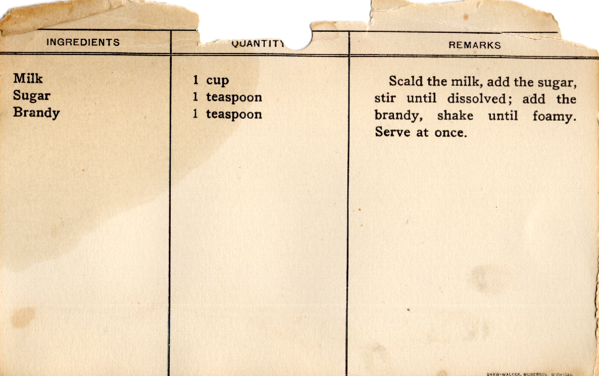 Original recipe card for Brandy Milk