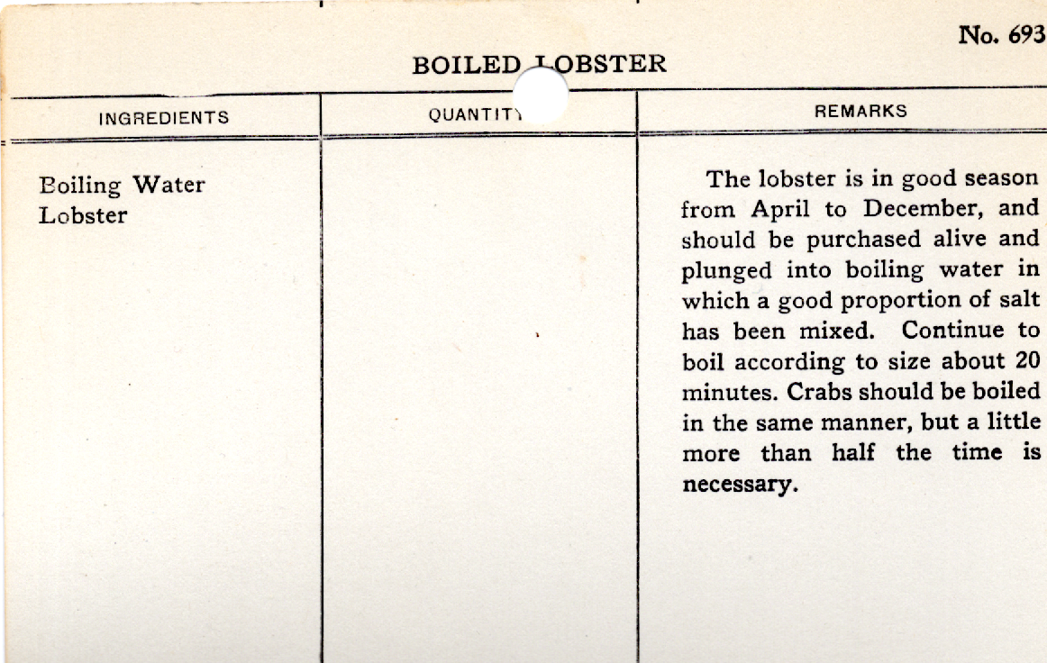 Original recipe card for Boiled Lobster