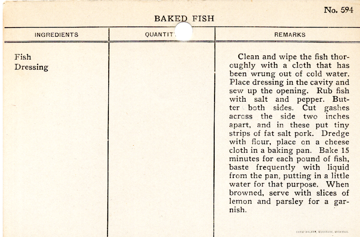 Original recipe card for Baked Fish