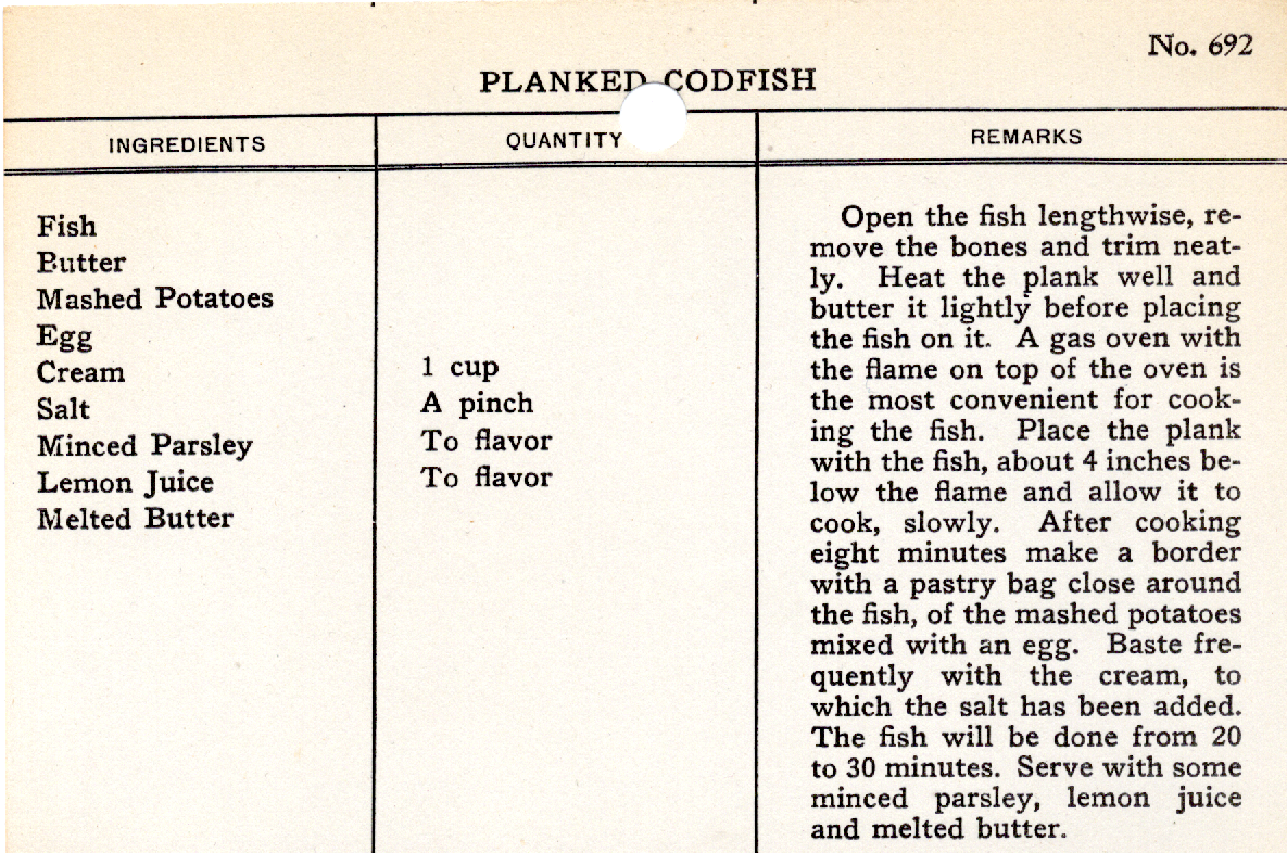 Original recipe card for Planked Codfish