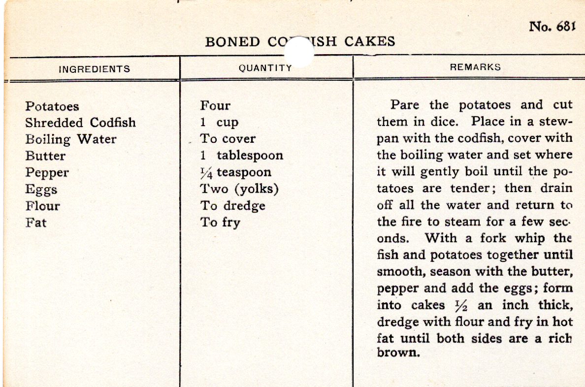 Original recipe card for Boned Codfish Cakes