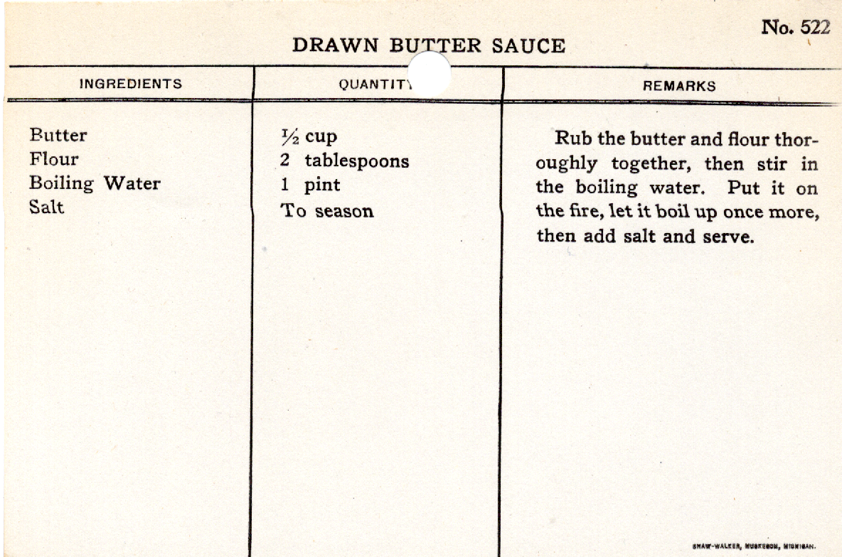 Original recipe card for Drawn Butter Sauce