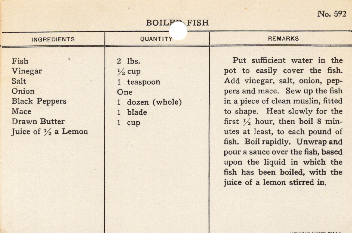 Original recipe card for Boiled Fish