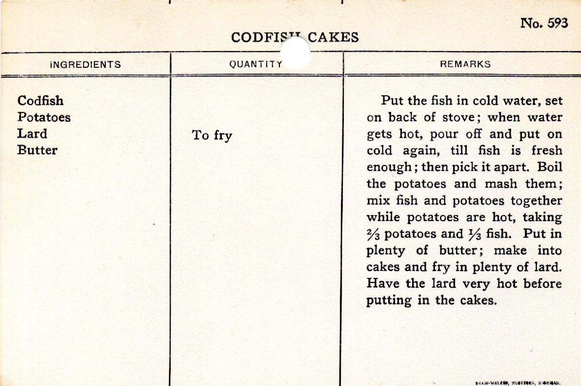 Original recipe card for Codfish Cakes