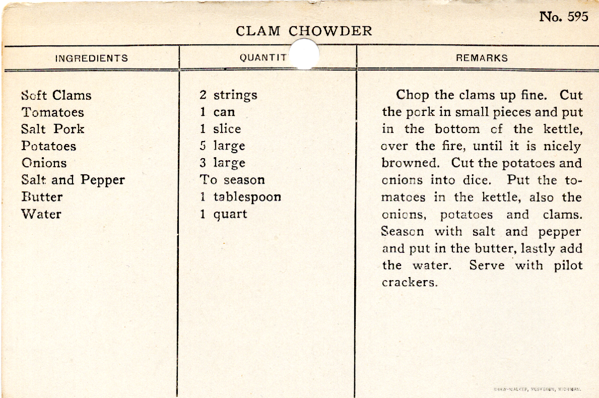 Original recipe card for Clam Chowder
