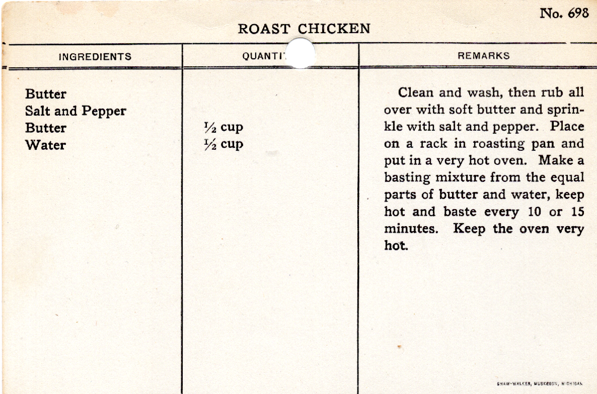 Original recipe card for Roast Chicken