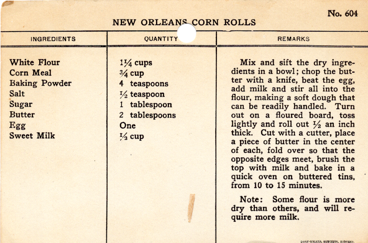 Original recipe card for New Orleans Corn Rolls