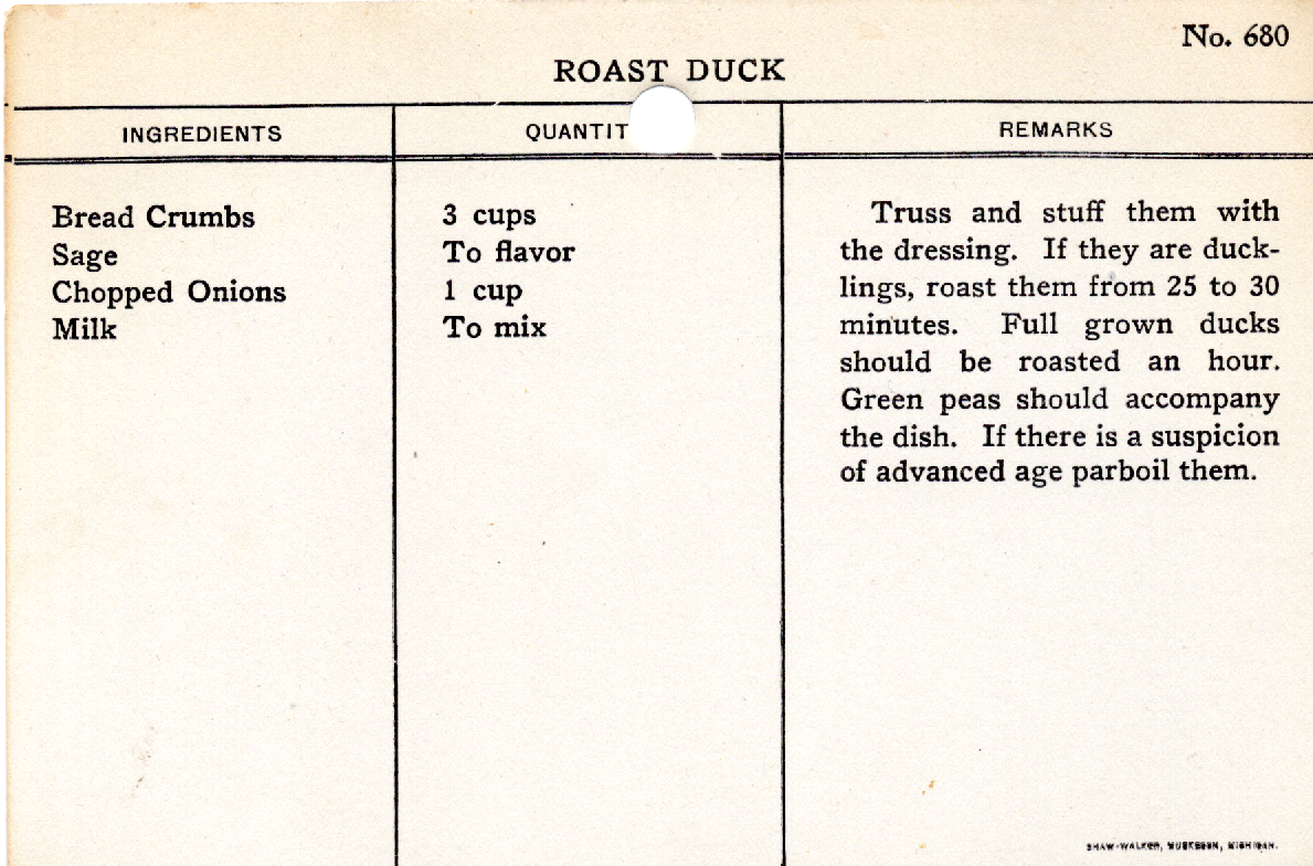 Original recipe card for Roast Duck