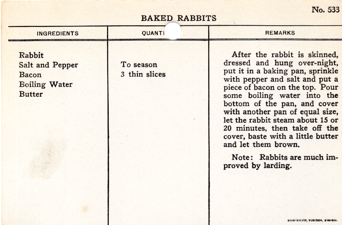 Original recipe card for Baked Rabbits