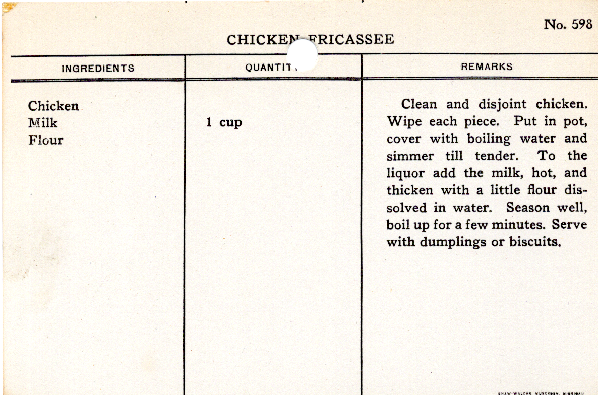 Original recipe card for Chicken Fricassee