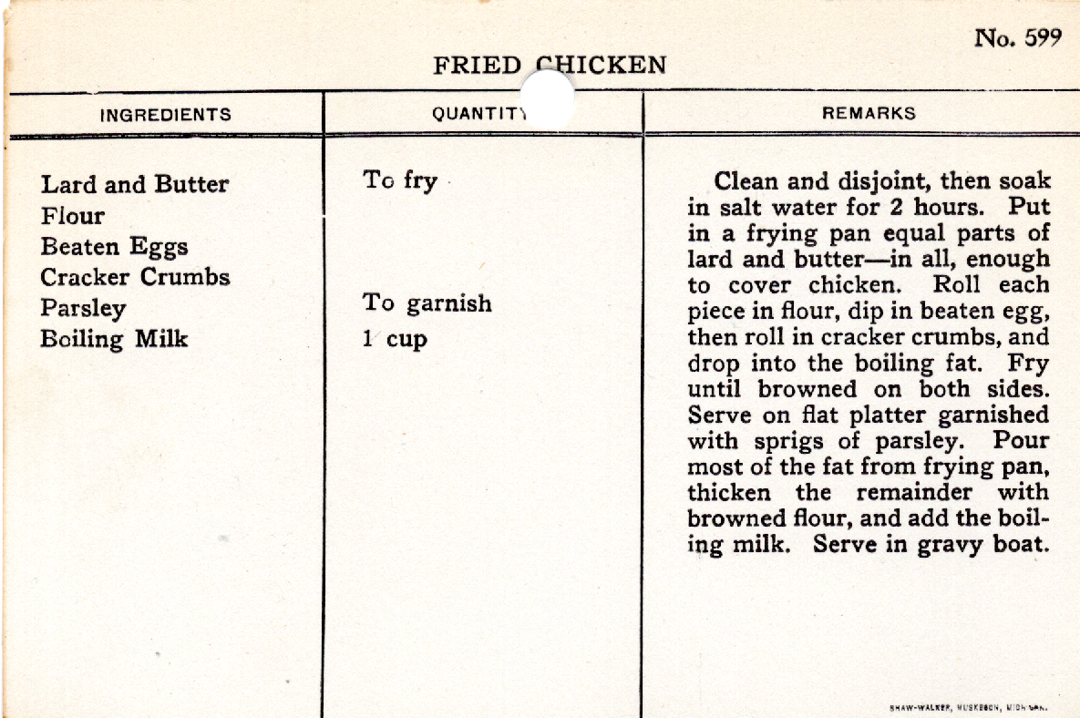Original recipe card for Fried Chicken