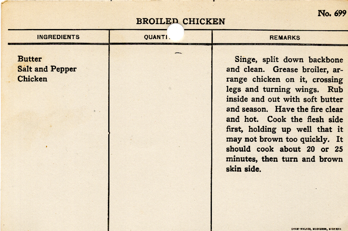 Original recipe card for Broiled Chicken