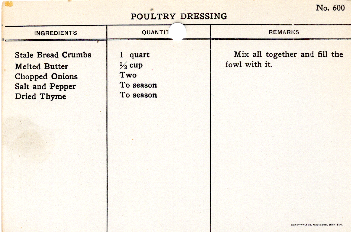 Original recipe card for Poultry Dressing