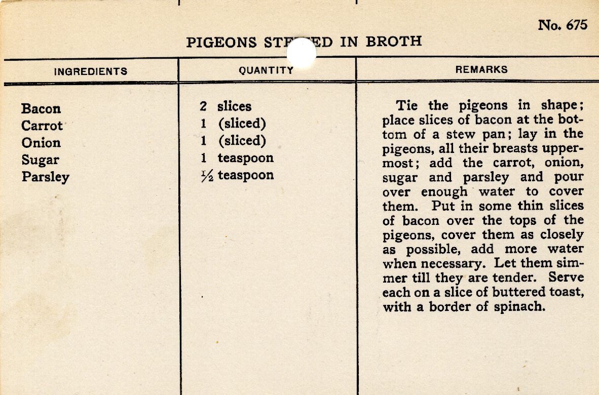 Original recipe card for Pigeons Stewed in Broth