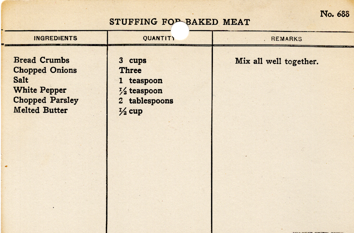 Original recipe card for Stuffing for Baked Meat
