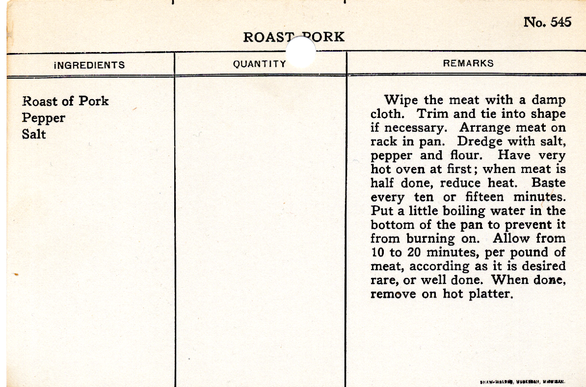 Original recipe card for Roast Pork