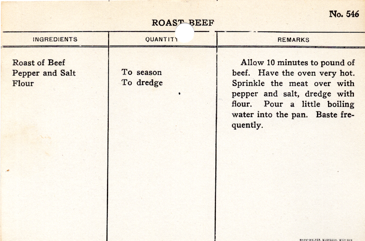 Original recipe card for Roast Beef