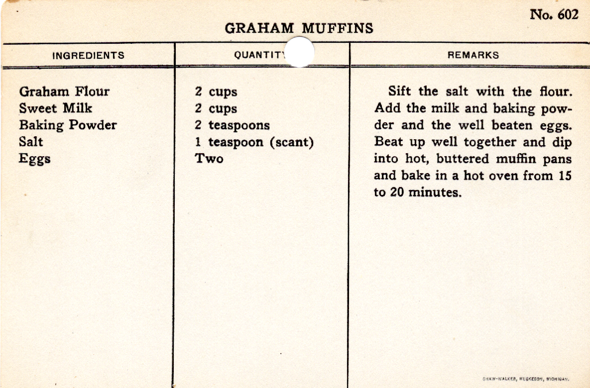 Original recipe card for Graham Muffins