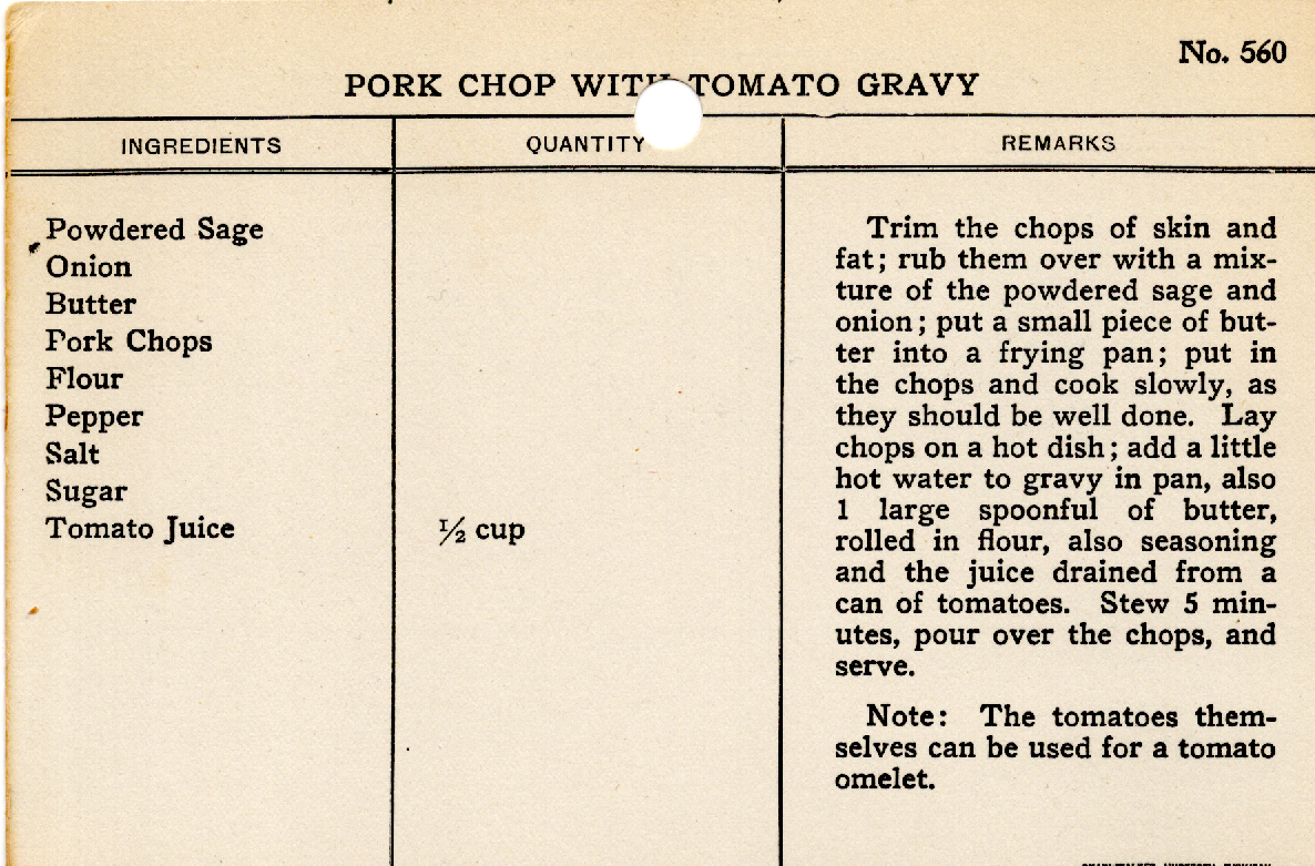 Original recipe card for Pork Chop with Tomato Gravy
