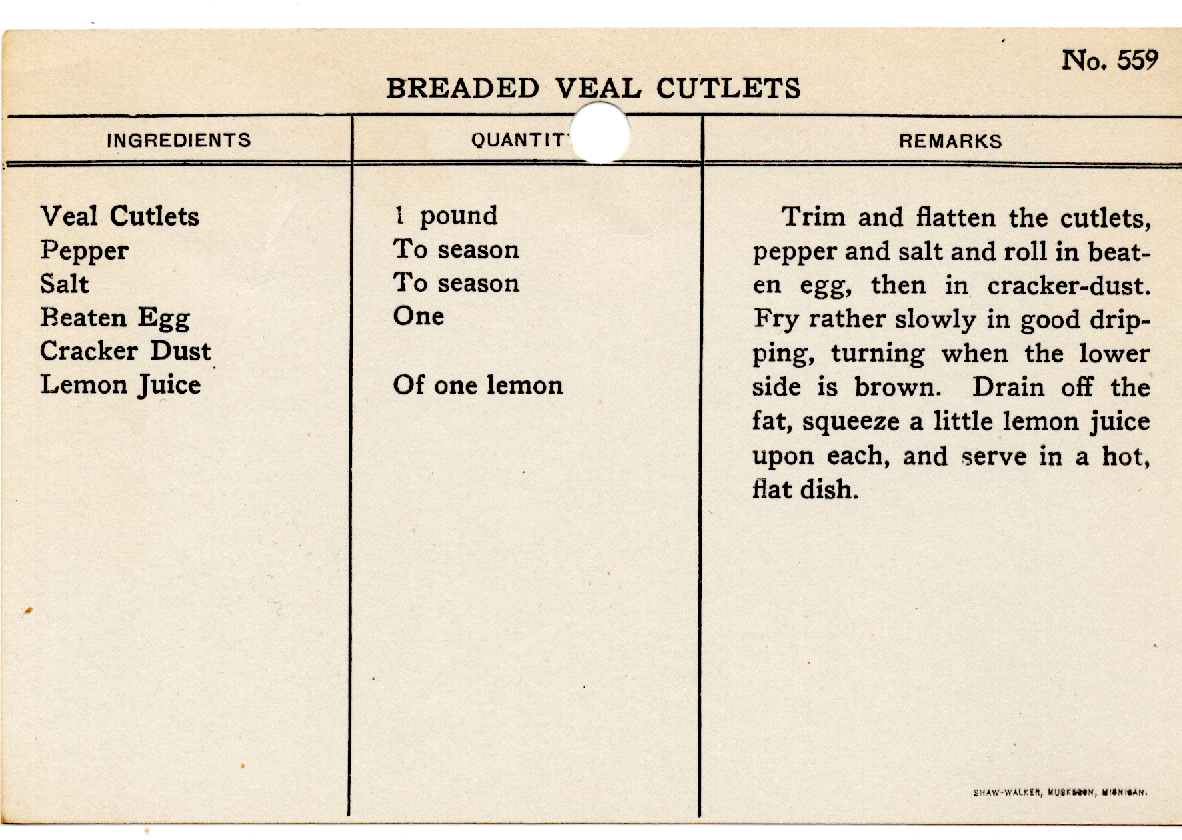 Original recipe card for Breaded Veal Cutlets