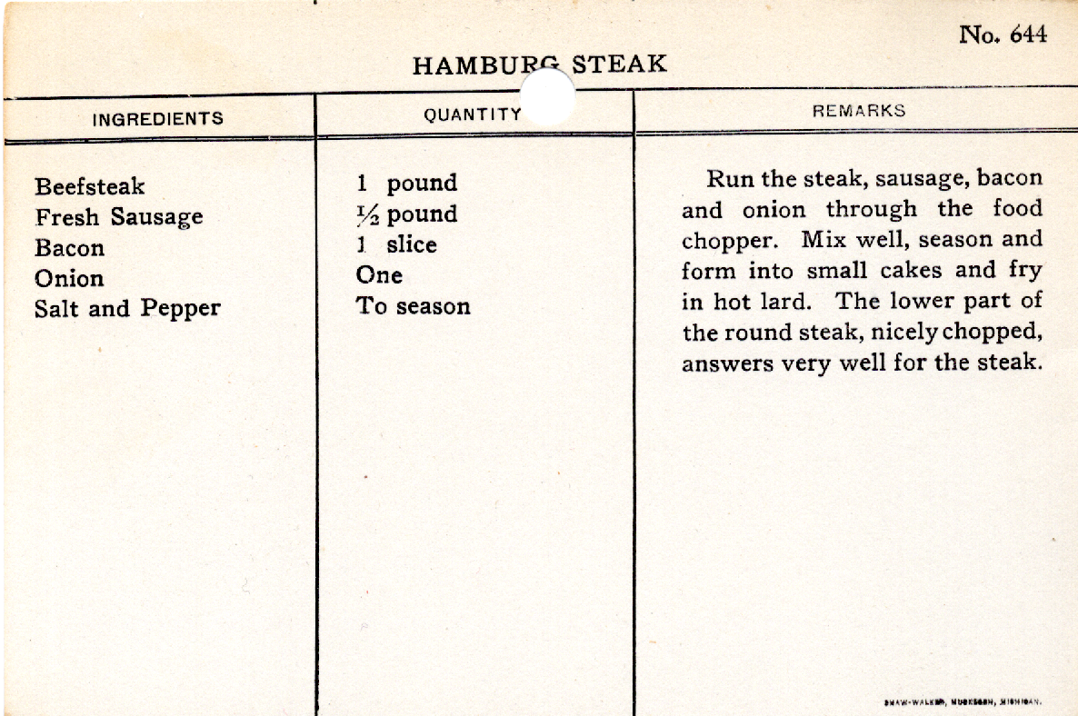 Original recipe card for Hamburg Steak