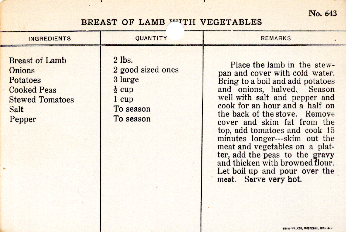 Original recipe card for Breast of Lamb with Vegetables