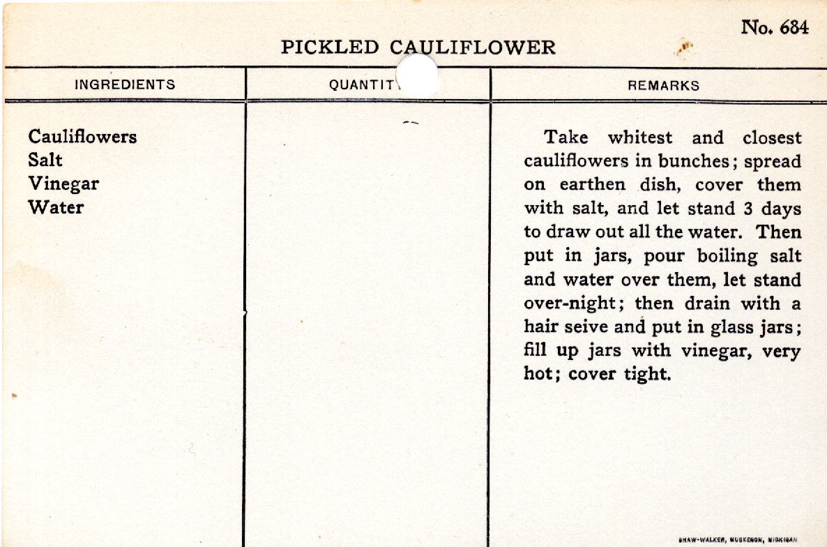 Original recipe card for Pickled Cauliflower