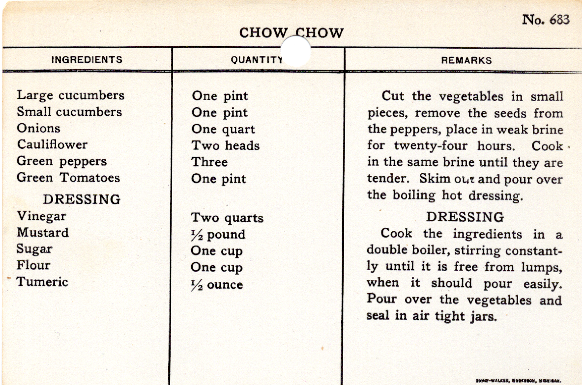 Original recipe card for Chow Chow