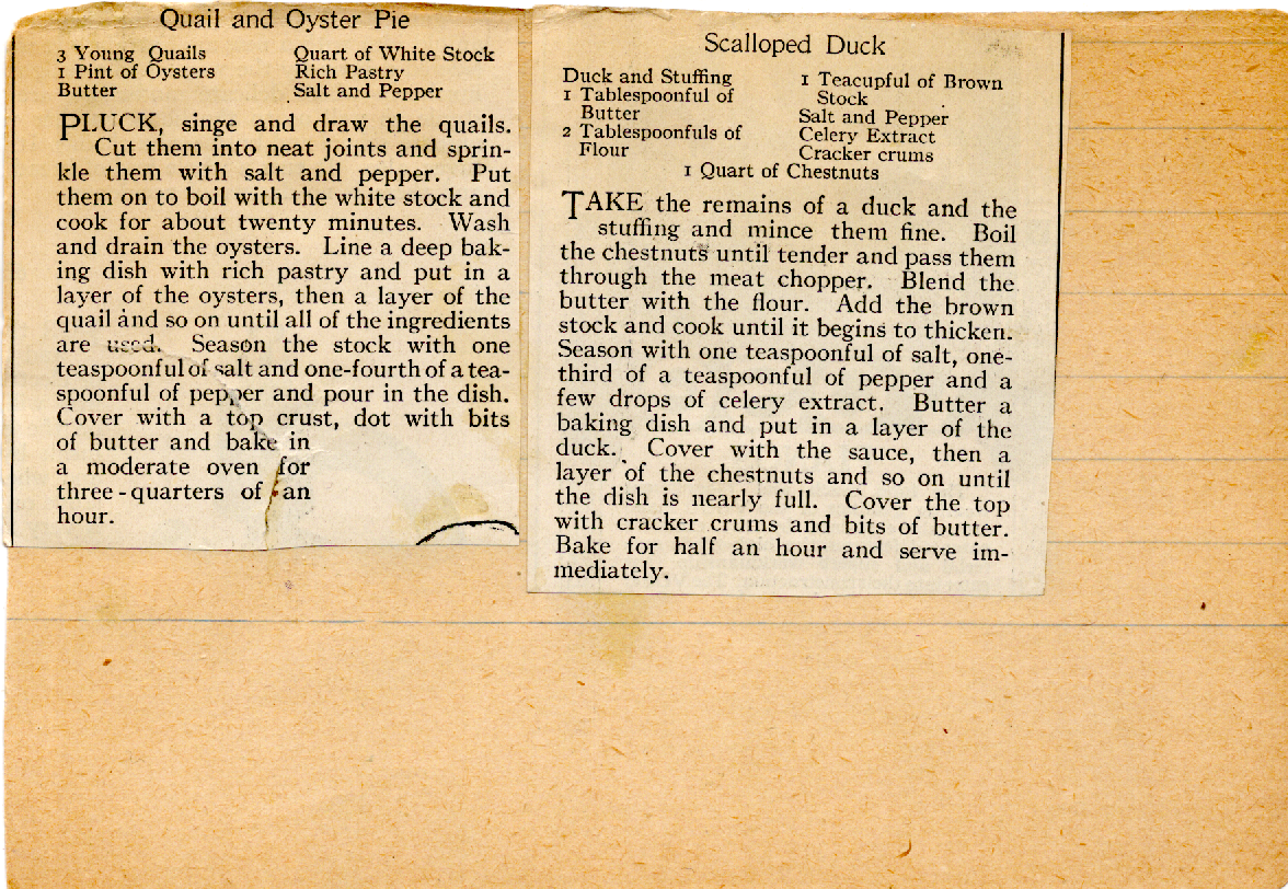 Original recipe card for Scalloped Duck