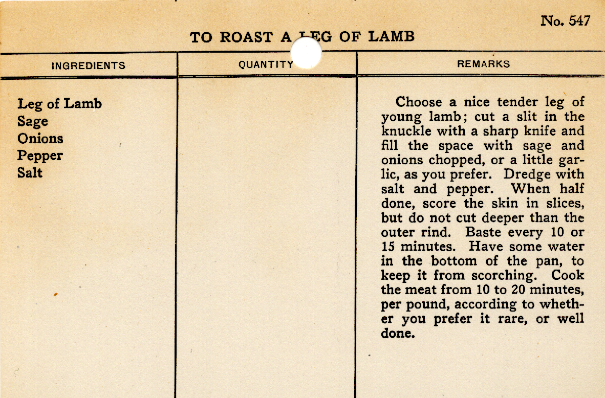 Original recipe card for To Roast a Leg of Lamb