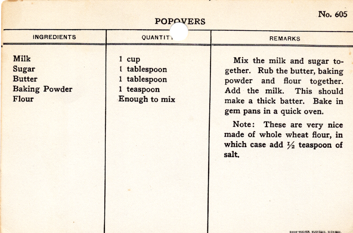 Original recipe card for Popovers