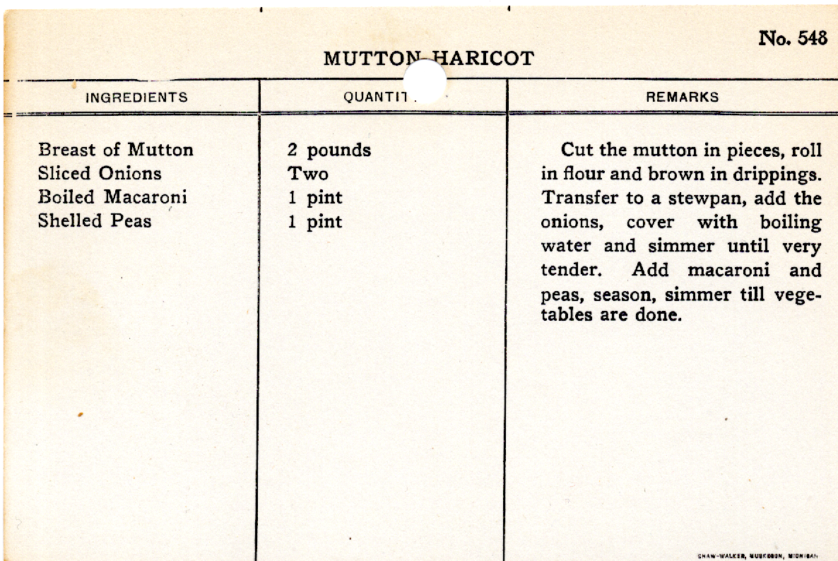Original recipe card for Mutton Haricot