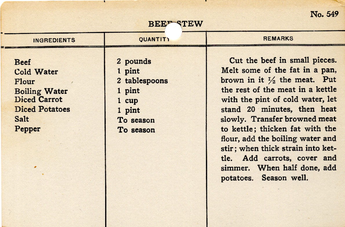 Original recipe card for Beef Stew