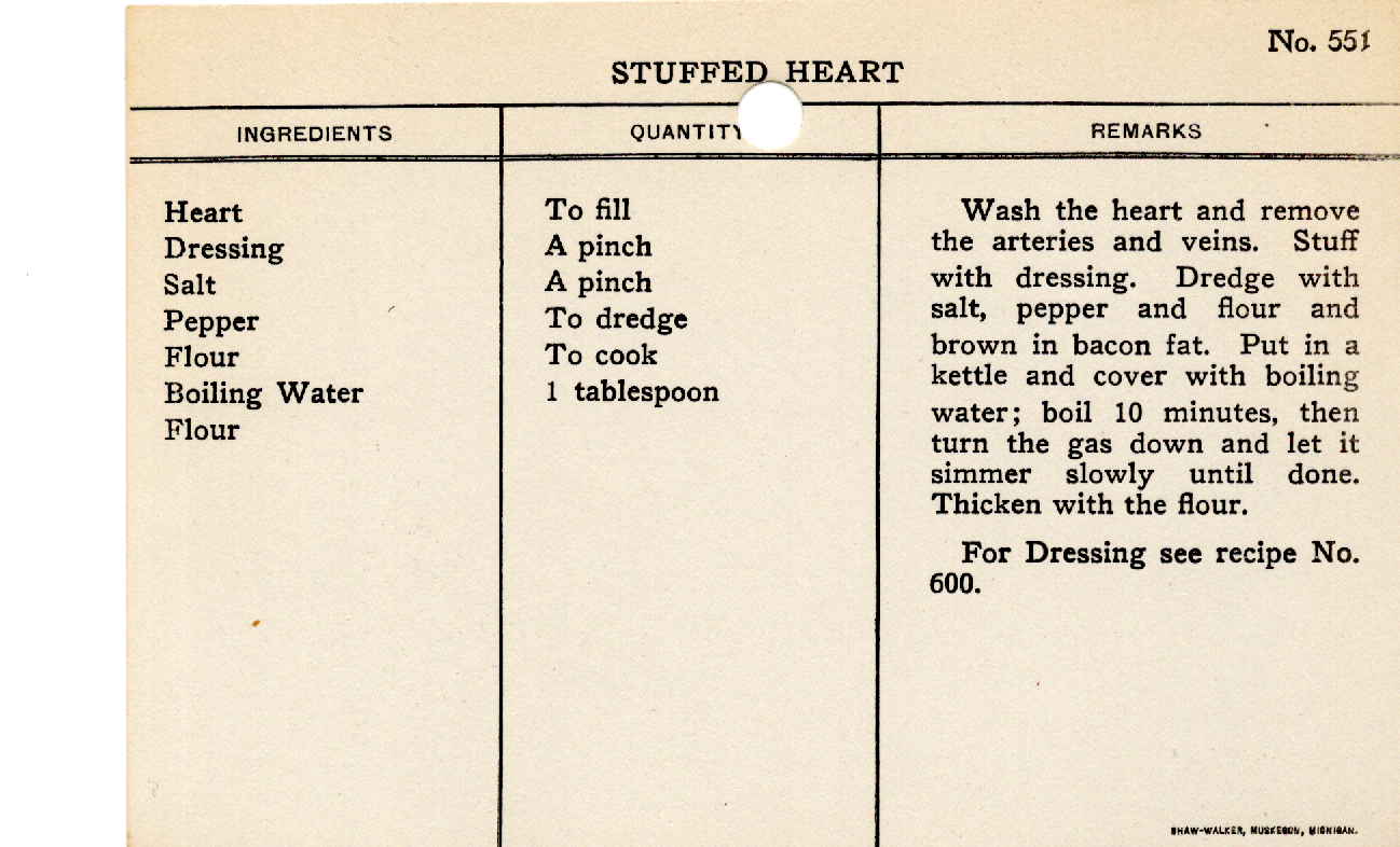 Original recipe card for Stuffed Heart