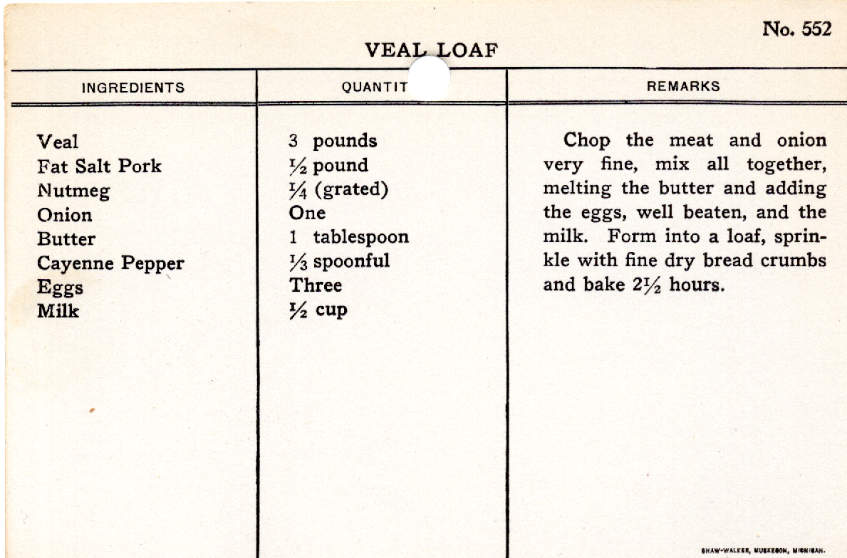 Original recipe card for Veal Loaf